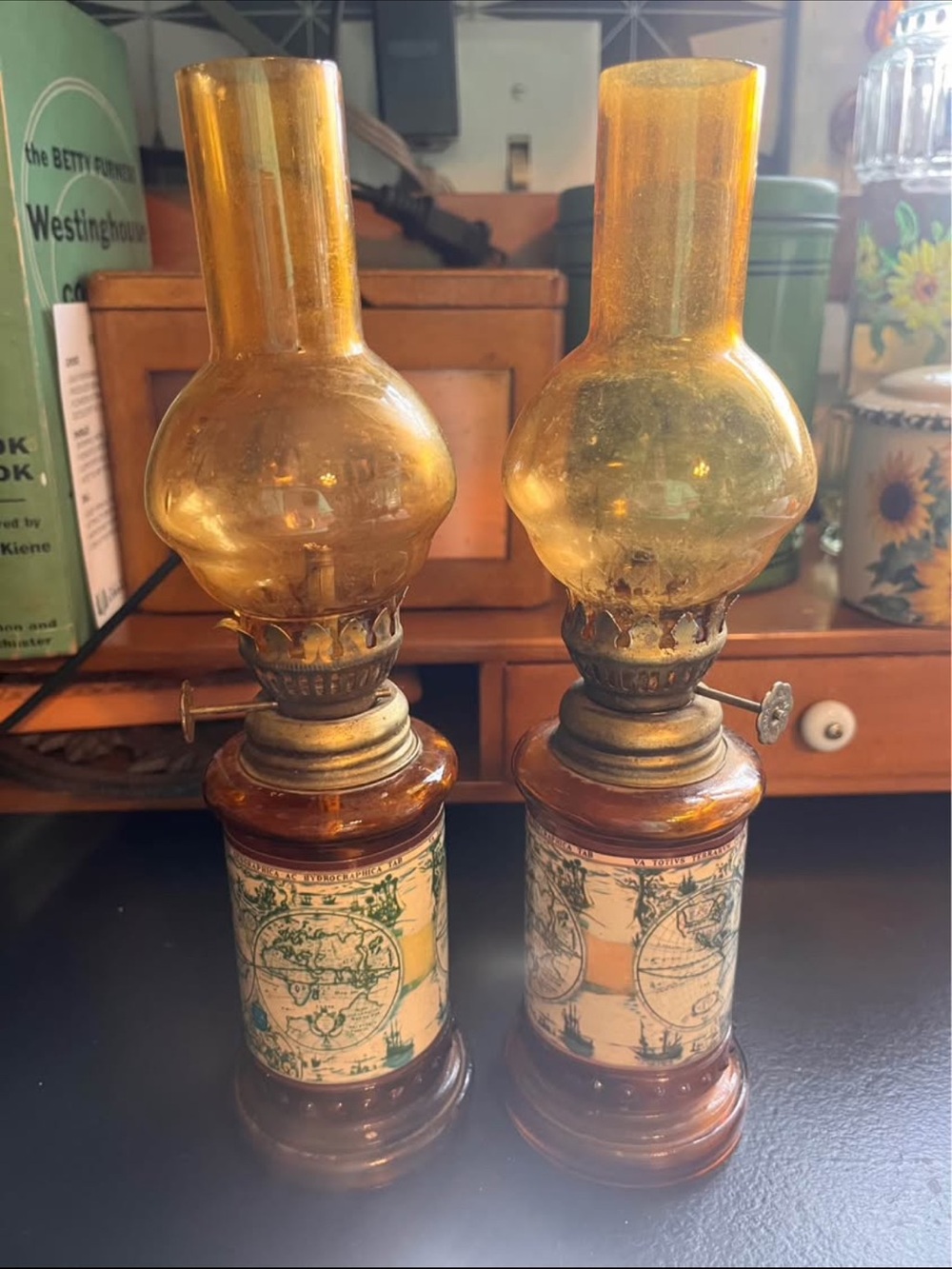 2 Small Vintage Amber Glass Oil Lamps with Maps